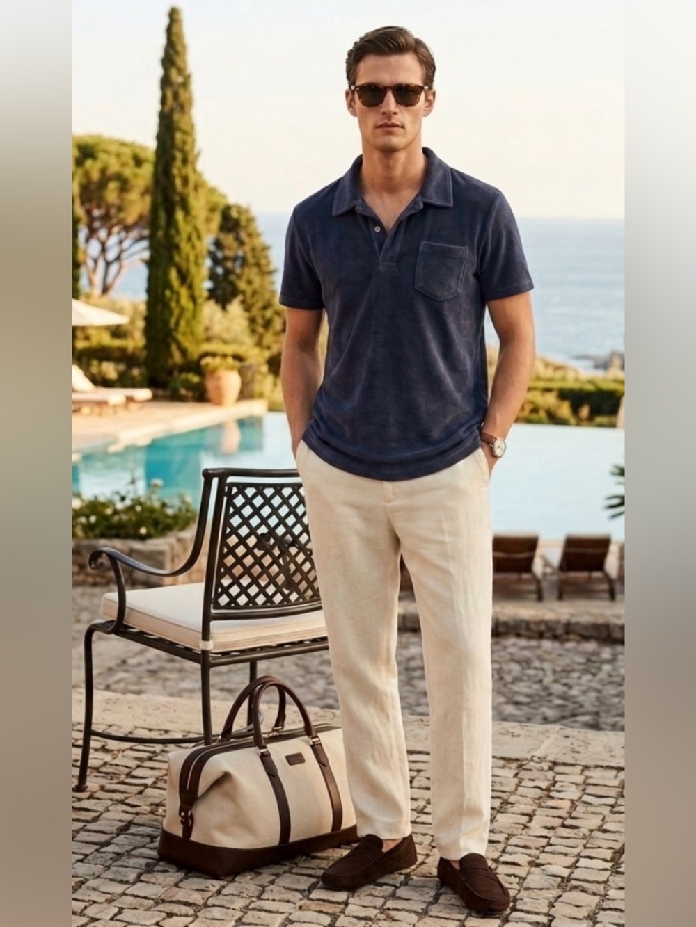 Sandro Paris Men's Navy Blue Terry Cloth Toweling Polo Shirt Pocket XL